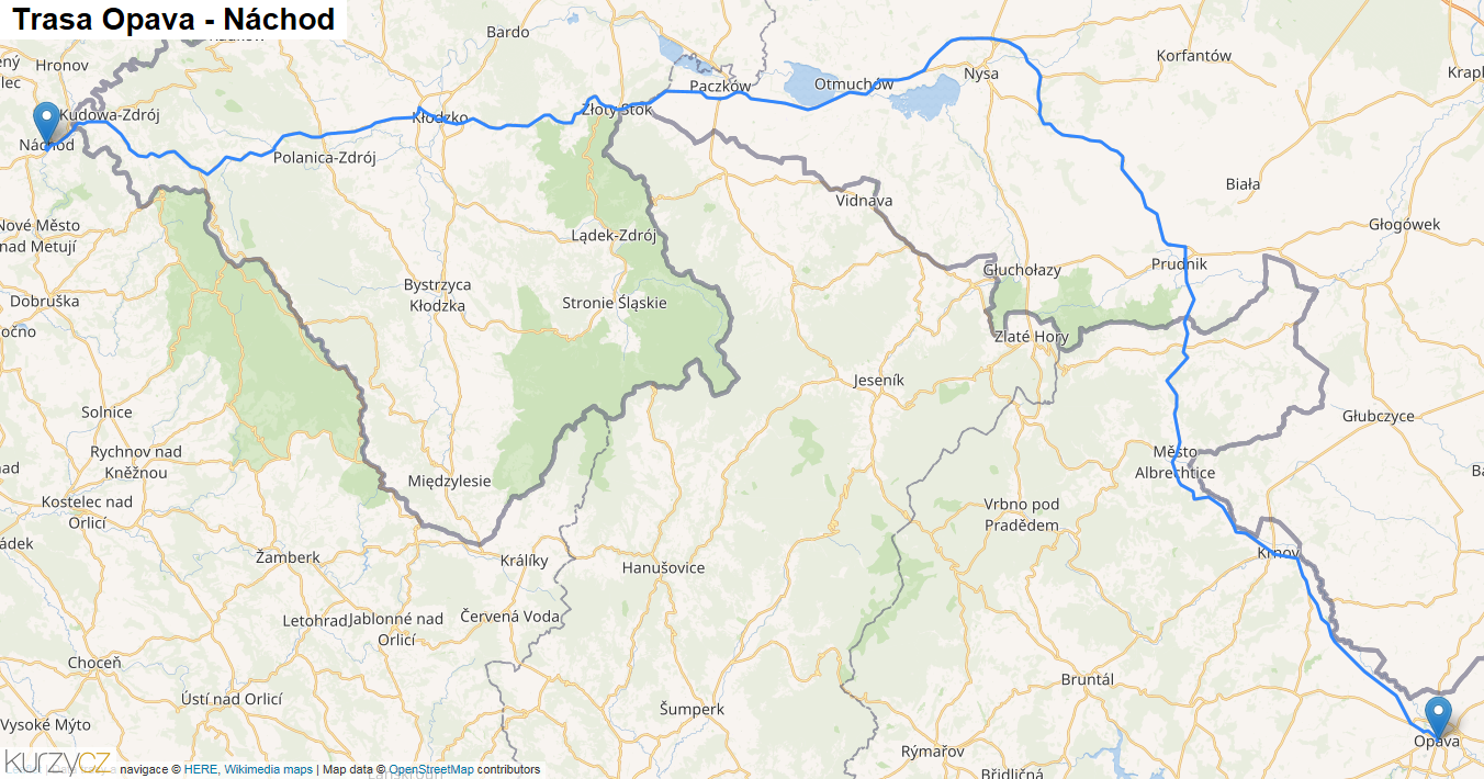 Opava-Náchod, mapa trasy