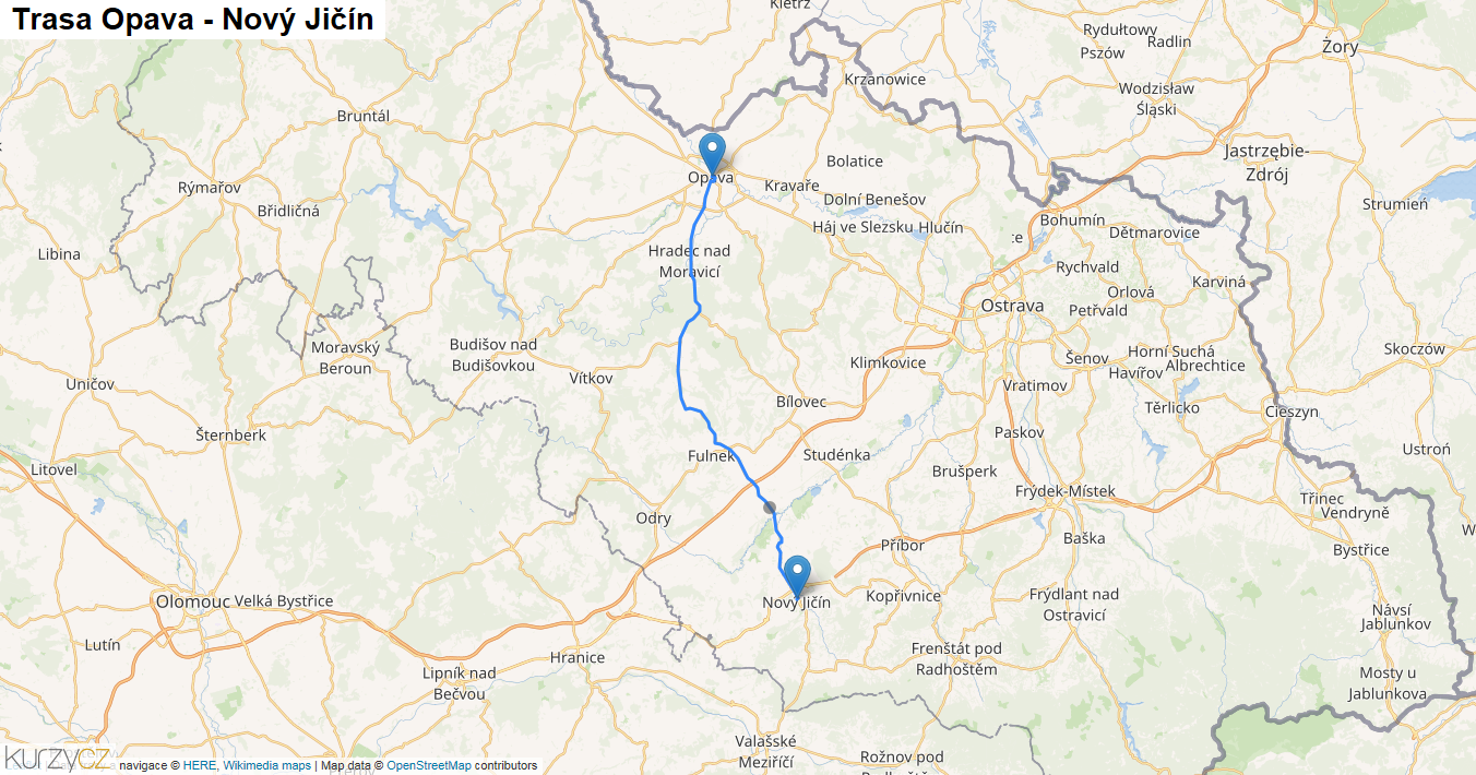 Opava-Nový Jičín, mapa trasy