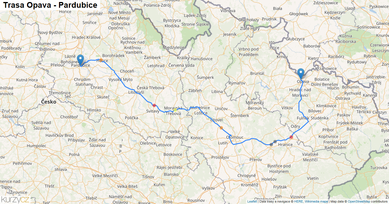 Opava-Pardubice, mapa trasy