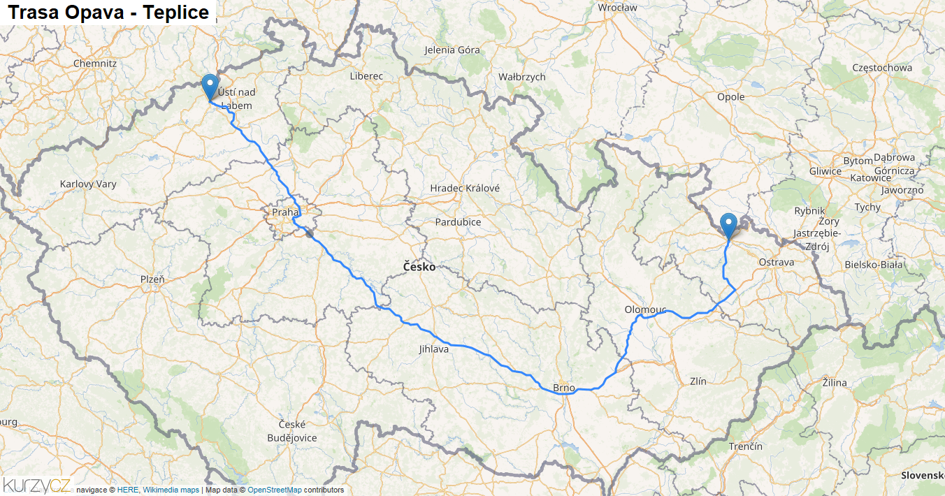 Opava-Teplice, mapa trasy