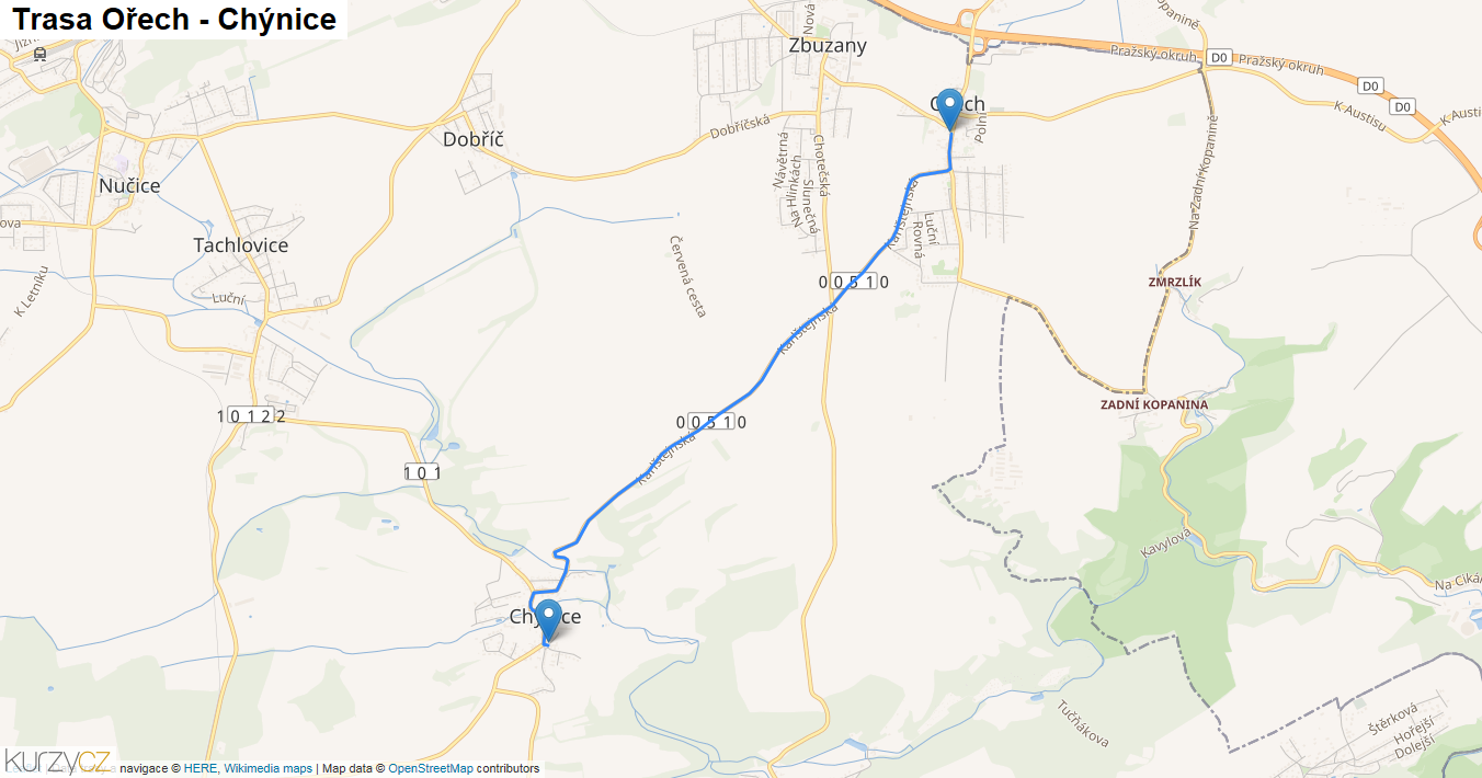 Ořech-Chýnice, mapa trasy
