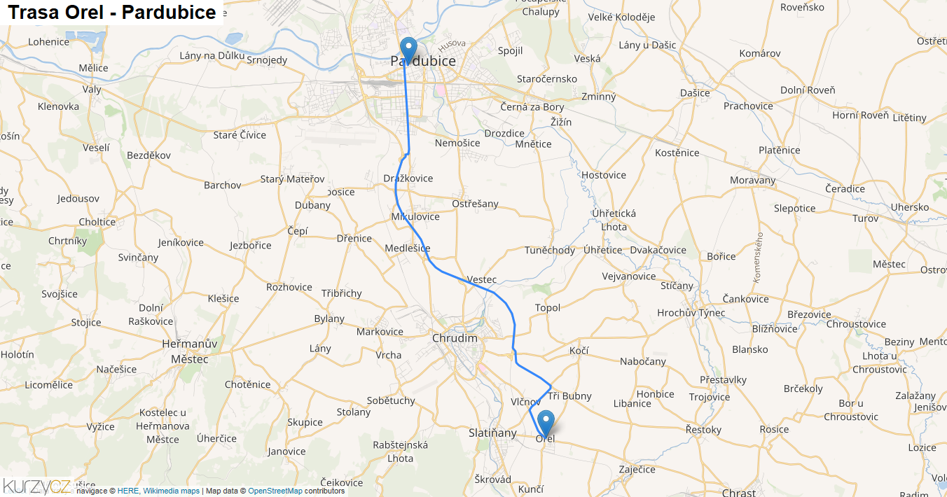 Orel-Pardubice, mapa trasy