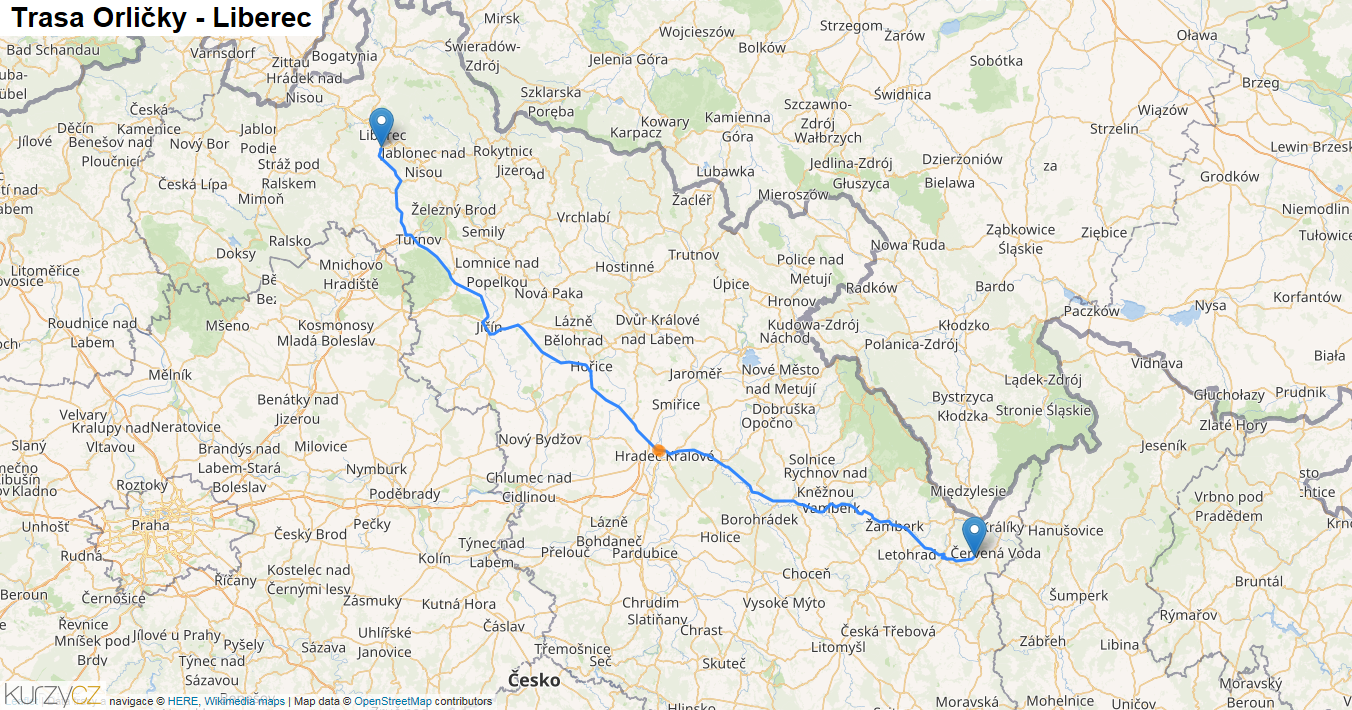 Orličky-Liberec, mapa trasy