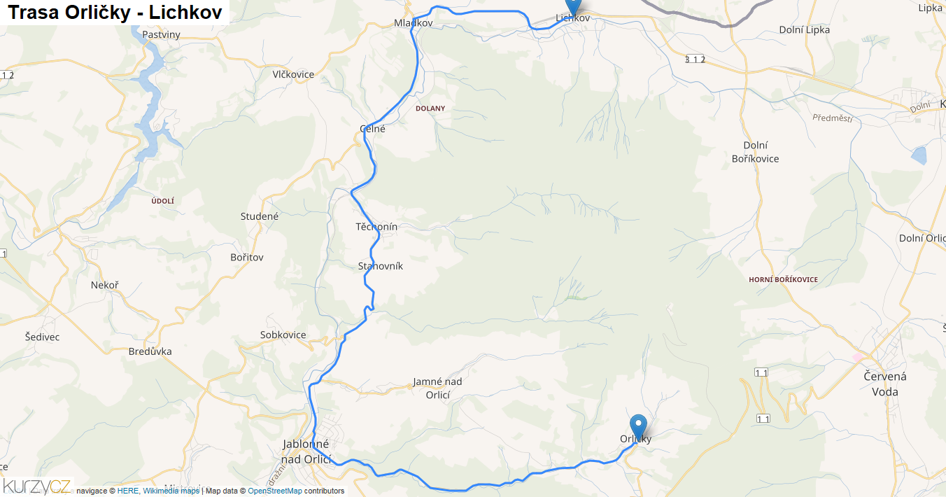 Orličky-Lichkov, mapa trasy