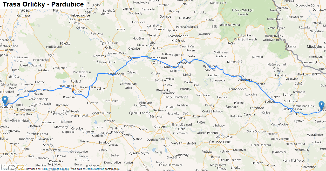 Orličky-Pardubice, mapa trasy