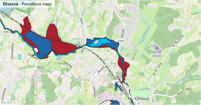 Březová - záplavové mapy stoleté vody