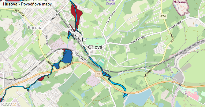 Husova - záplavové mapy stoleté vody