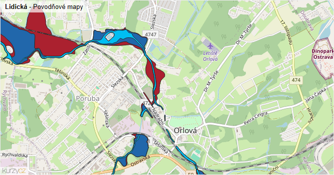 Lidická - záplavové mapy stoleté vody
