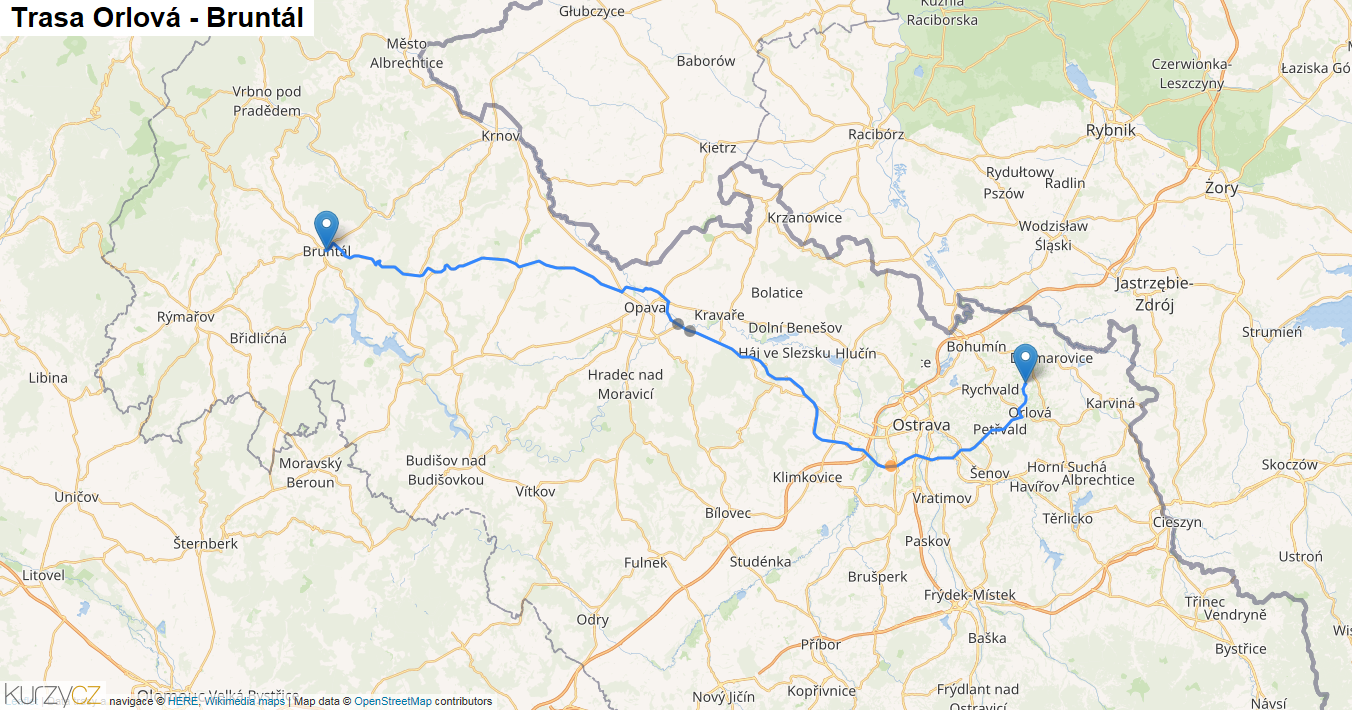 Orlová-Bruntál, mapa trasy