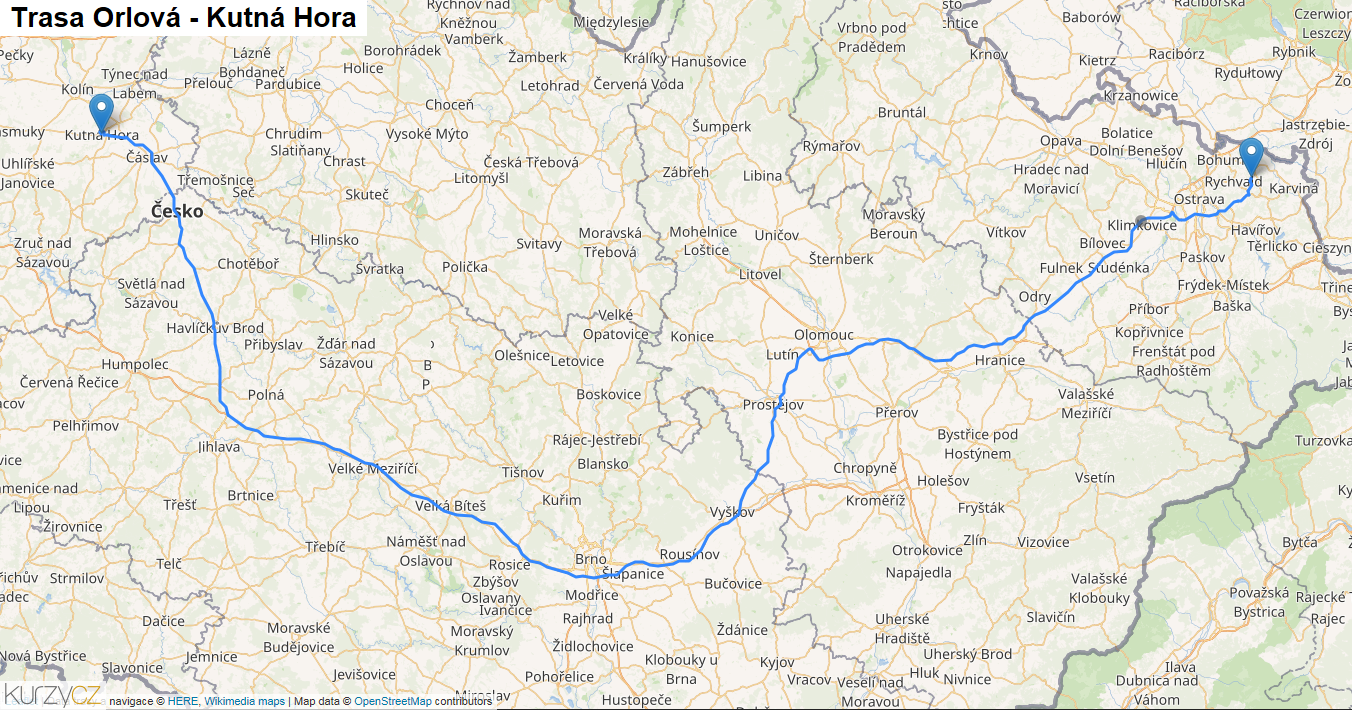 Orlová-Kutná Hora, mapa trasy