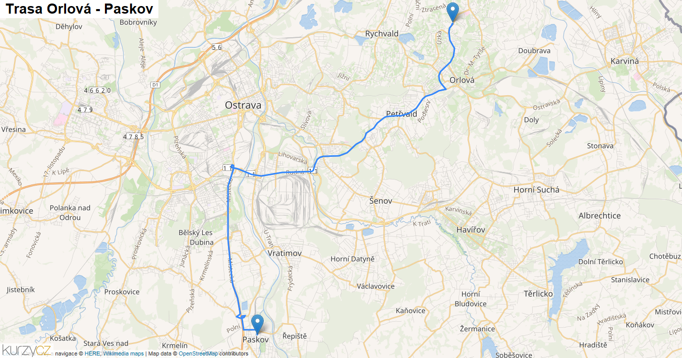 Orlová-Paskov, mapa trasy