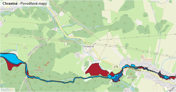 Chrastná - záplavové mapy stoleté vody