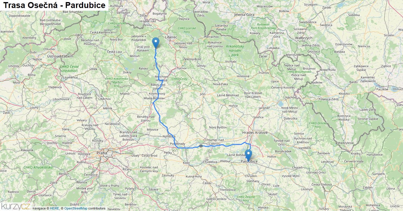 Osečná-Pardubice, mapa trasy