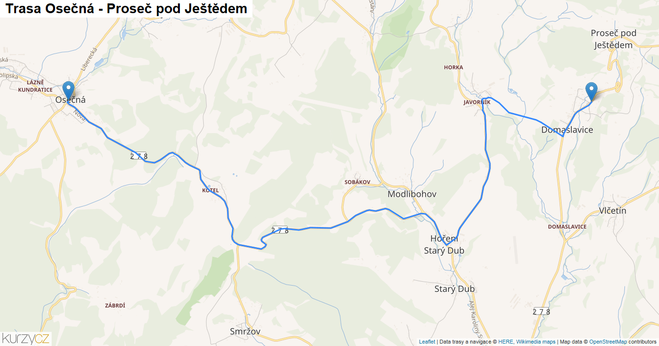 Osečná-Proseč pod Ještědem, mapa trasy