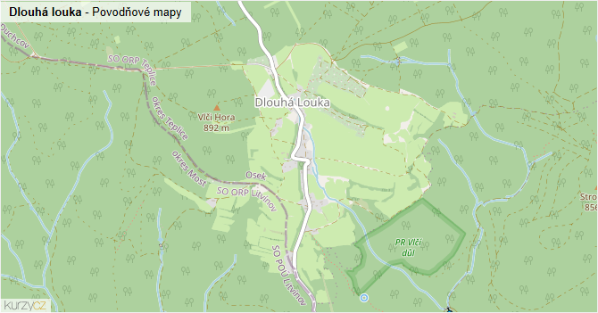 Dlouhá louka - záplavové mapy stoleté vody