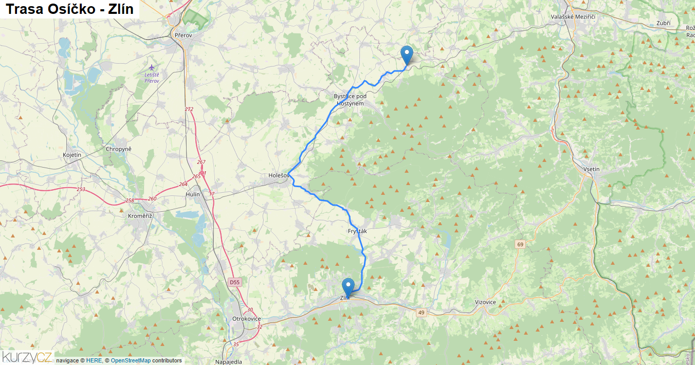Osíčko-Zlín, mapa trasy