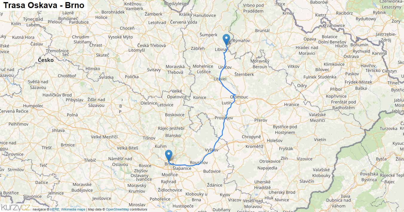 Oskava-Brno, mapa trasy