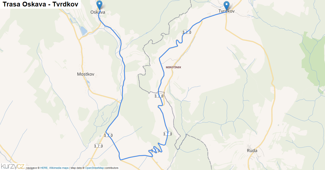 Oskava-Tvrdkov, mapa trasy