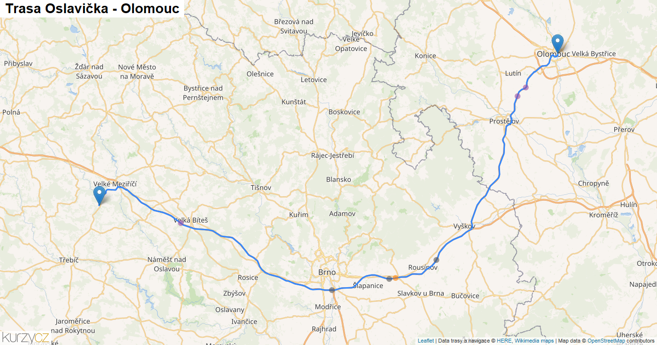Oslavička-Olomouc, mapa trasy