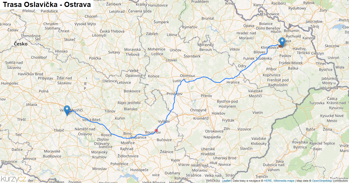 Oslavička-Ostrava, mapa trasy