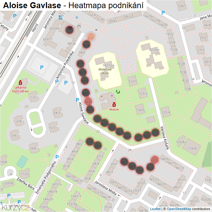 Mapa Aloise Gavlase - Firmy v ulici.