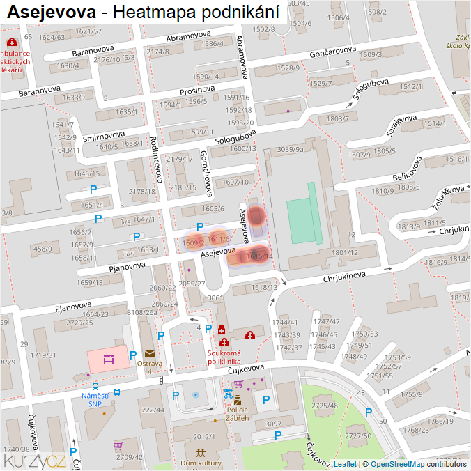 Mapa Asejevova - Firmy v ulici.