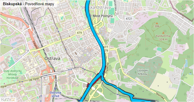 Biskupská - záplavové mapy stoleté vody