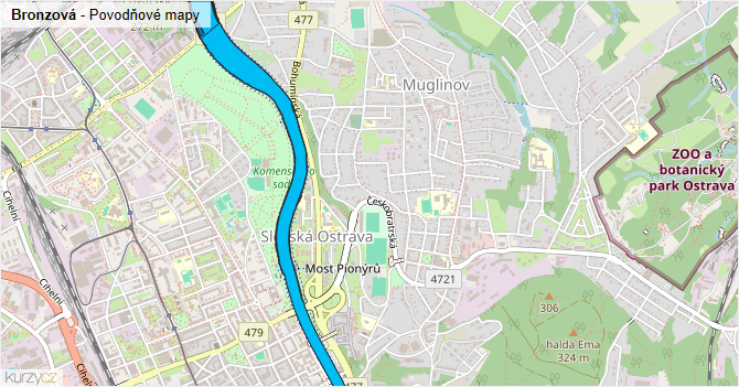 Bronzová - záplavové mapy stoleté vody