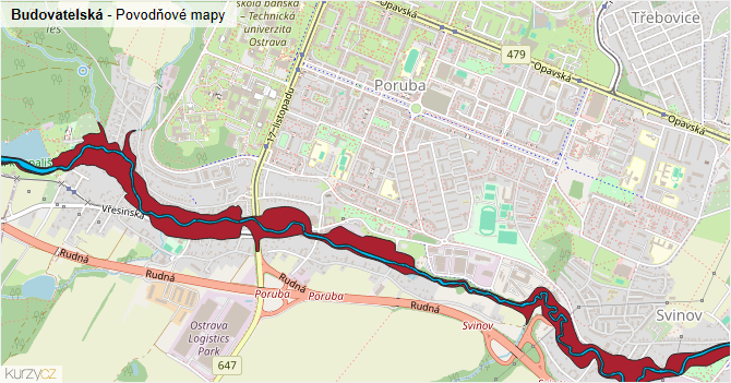 Budovatelská - záplavové mapy stoleté vody