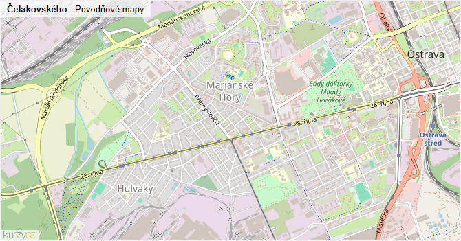 Čelakovského - záplavové mapy stoleté vody