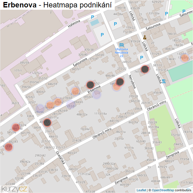 Mapa Erbenova - Firmy v ulici.