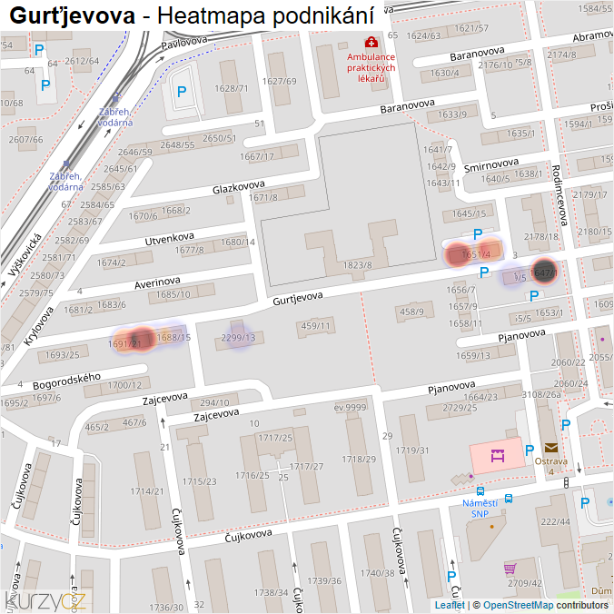 Mapa Gurťjevova - Firmy v ulici.