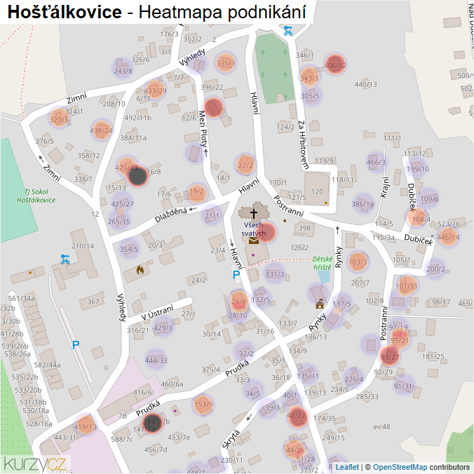 Mapa Hošťálkovice - Firmy v městské části.