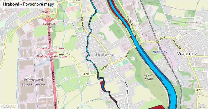 Hrabová - záplavové mapy stoleté vody