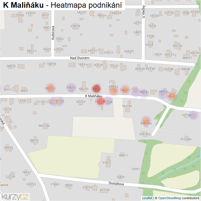 Mapa K Maliňáku - Firmy v ulici.