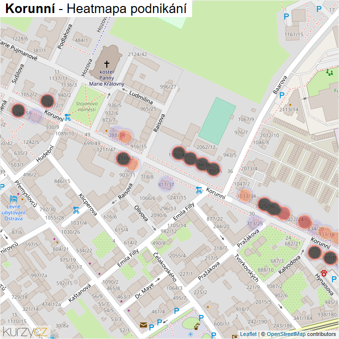 Mapa Korunní - Firmy v ulici.