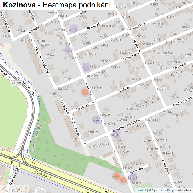 Mapa Kozinova - Firmy v ulici.