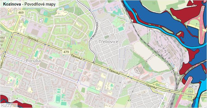 Kozinova - záplavové mapy stoleté vody