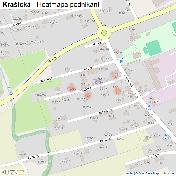 Mapa Krašická - Firmy v ulici.