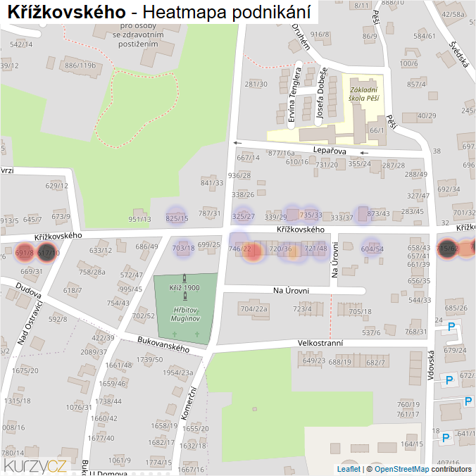 Mapa Křížkovského - Firmy v ulici.