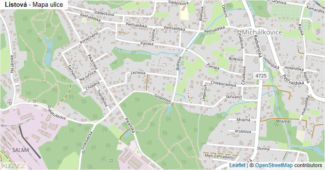 Listová - mapa ulice