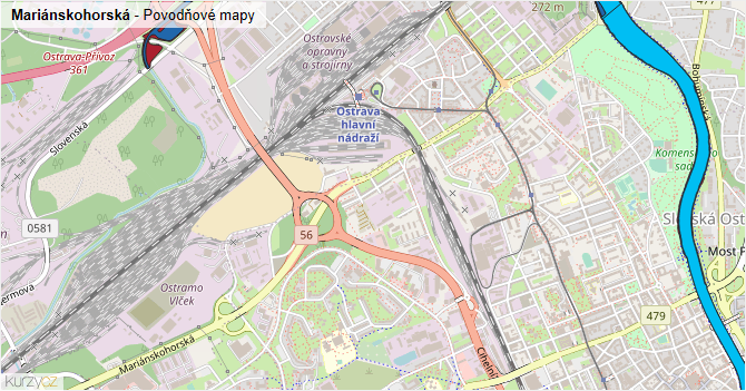 Mariánskohorská - záplavové mapy stoleté vody