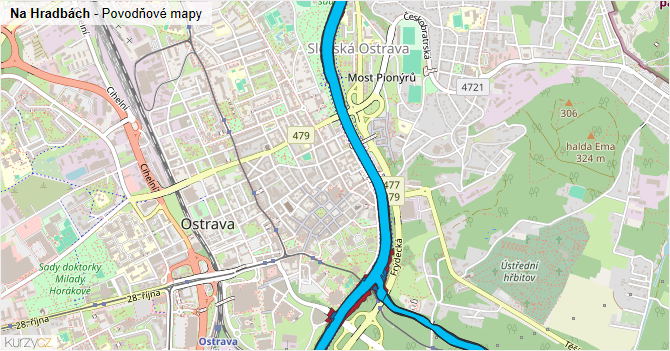 Na Hradbách - záplavové mapy stoleté vody