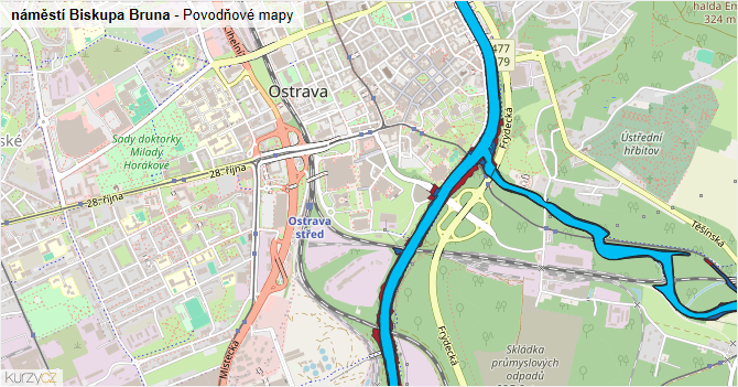 náměstí Biskupa Bruna - záplavové mapy stoleté vody
