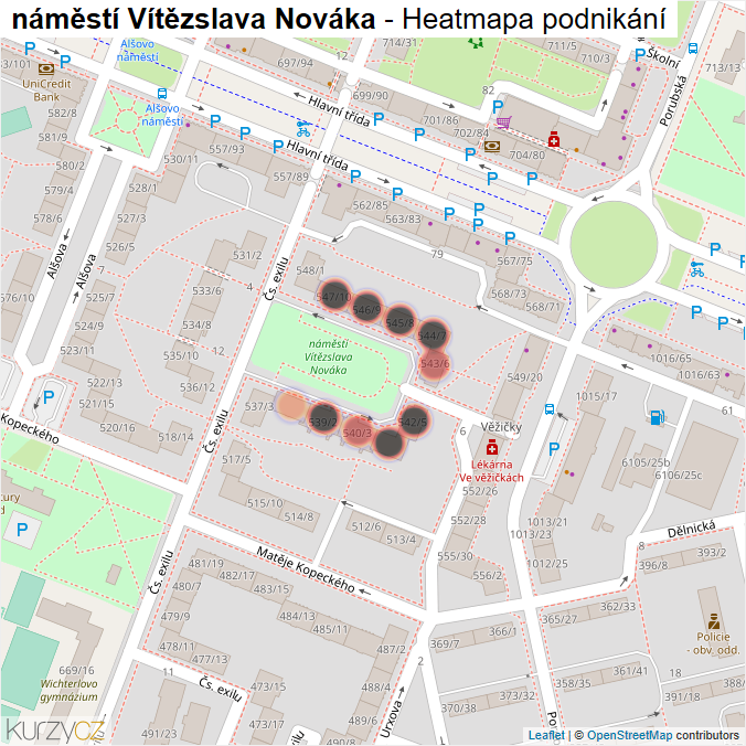 Mapa náměstí Vítězslava Nováka - Firmy v ulici.