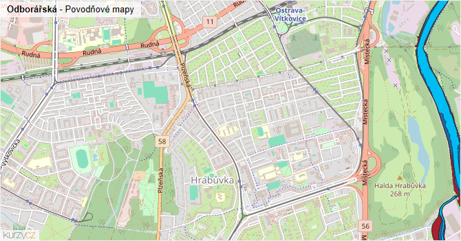 Odborářská - záplavové mapy stoleté vody
