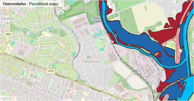 Ostrovského - záplavové mapy stoleté vody