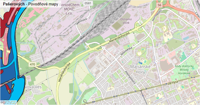 Pašerových - záplavové mapy stoleté vody