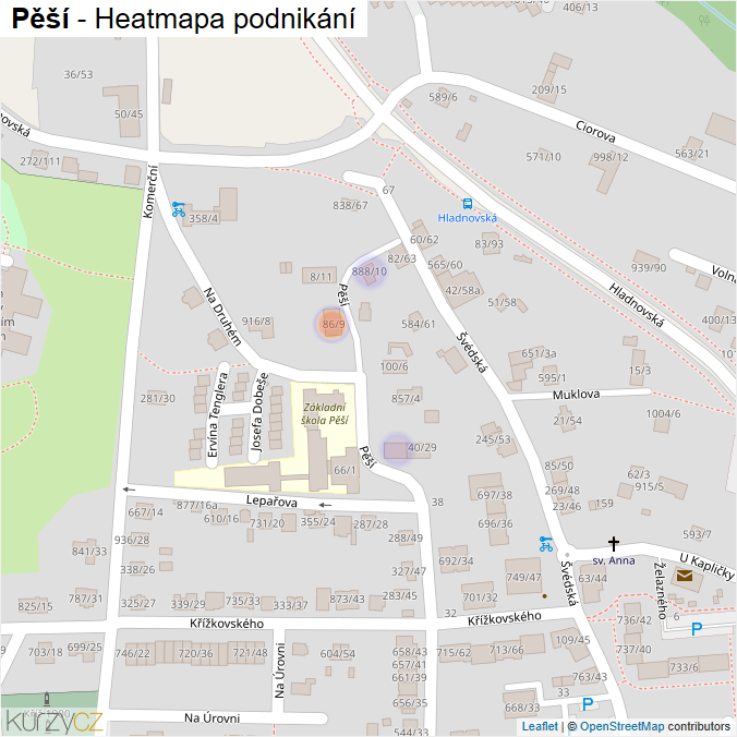 Mapa Pěší - Firmy v ulici.
