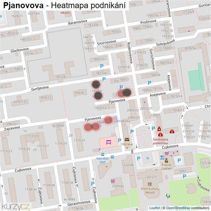 Mapa Pjanovova - Firmy v ulici.